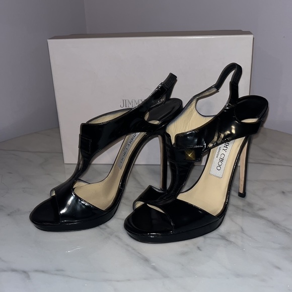 Jimmy Choo Black Leather T-Strap Slingback Sandals - Picture 3 of 5